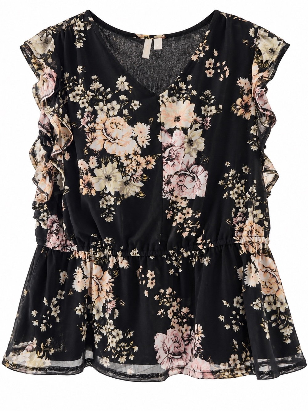 Black Floral Ruffle Sleeve Peplum Blouse